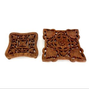 Vintage Boho Carved Wood Trivets Pair